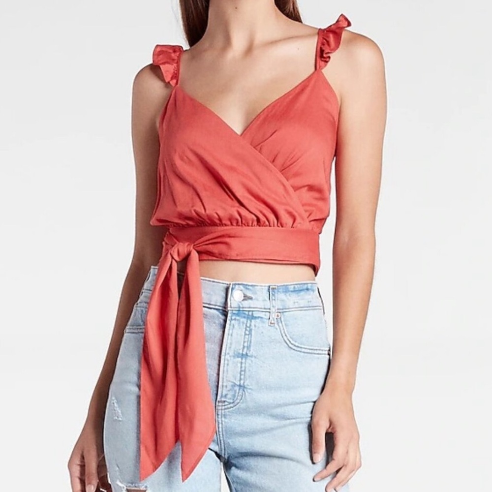 EXPRESS Wrap Front Ruffle Strap Tie Waist Crop Top